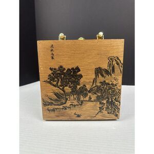 Vtg Simon Mister Ernest Square Wood Box Purse Gold Tone‎ Trim Oriental Scene
